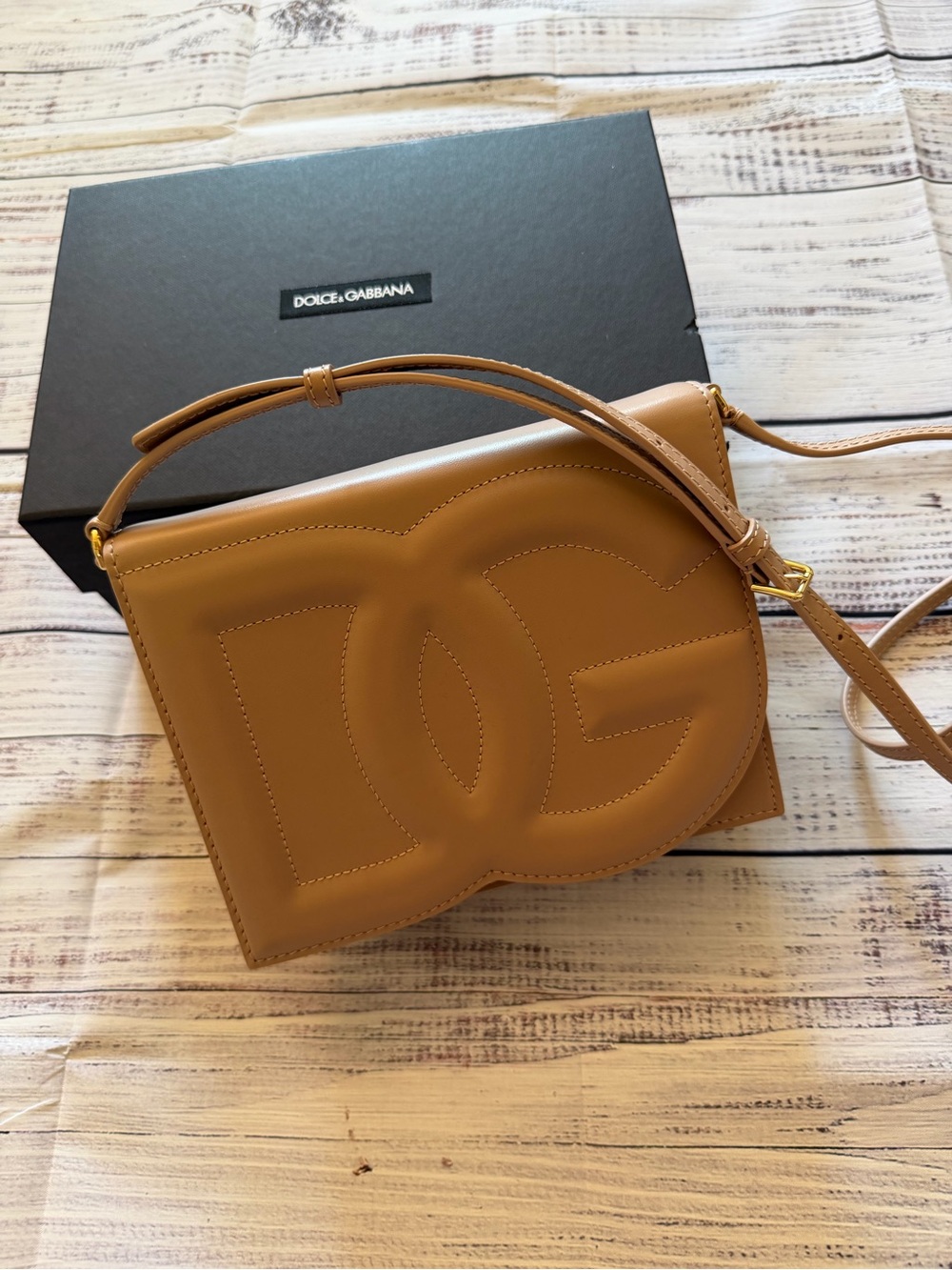 Dolce & Gabbana Cognac Leather DG Embossed Crossbody Bag